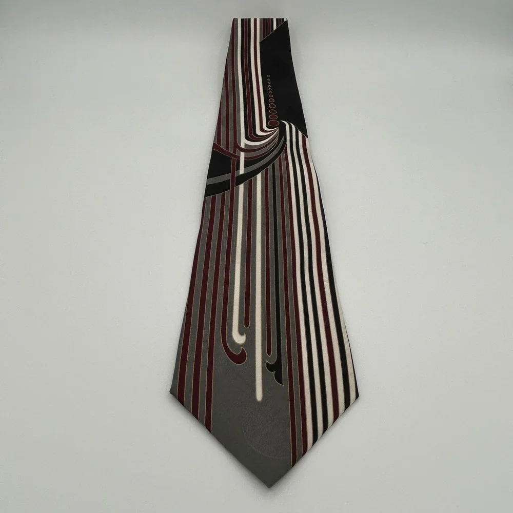 Pierre Cardin Necktie Mens OS Grey Burgundy Silk Geometric Abstract Art Deco 90s